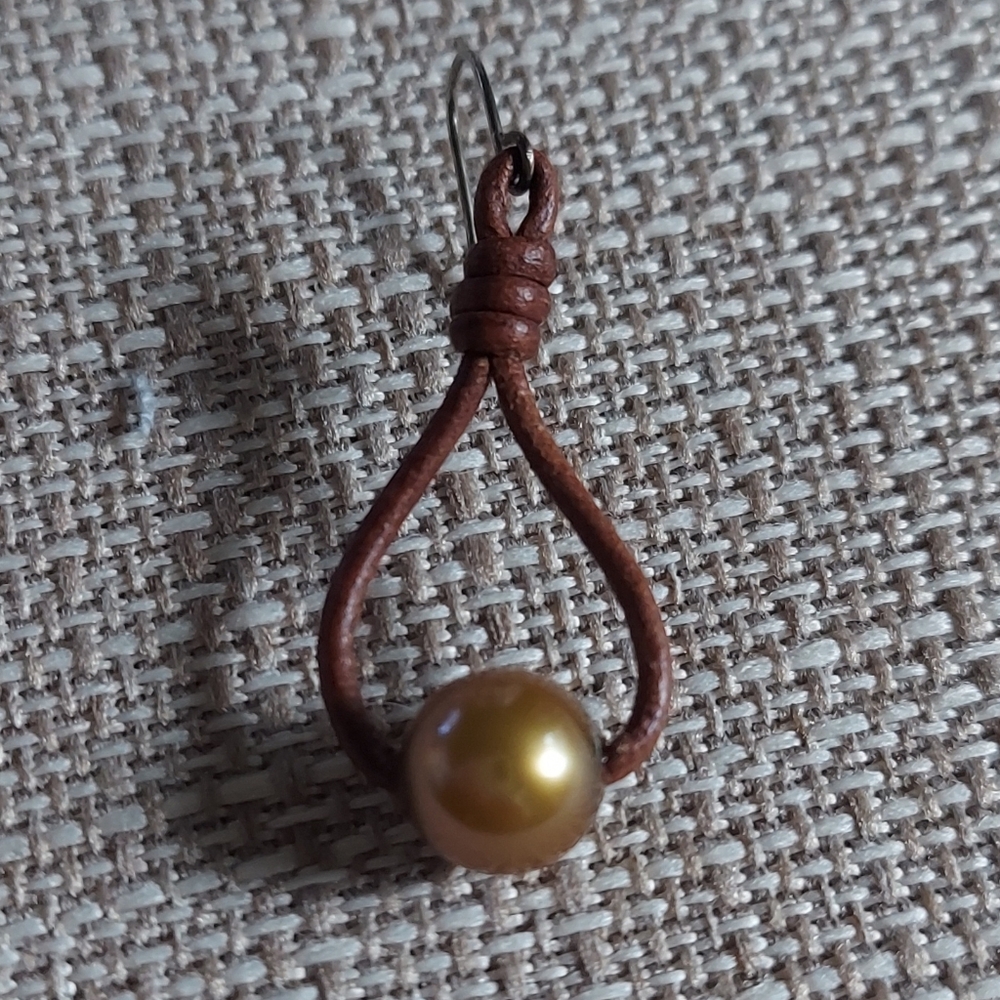 Handmade Light Green Pearl And Brown Leather Dangle Earrings - Picture 4 of 6